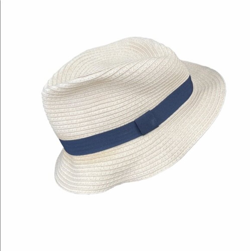 LOFT straw Fedora Pool Navy Blue Ribbon Bow beach hat Womens tan